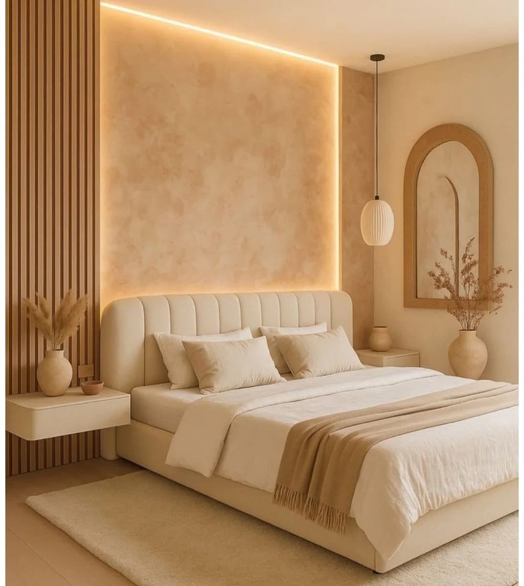 Recámara con pared arena texturizada iluminada con luz cálida, lambrín de madera a un lado, cama tapizada crema y una lámpara colgante de papel