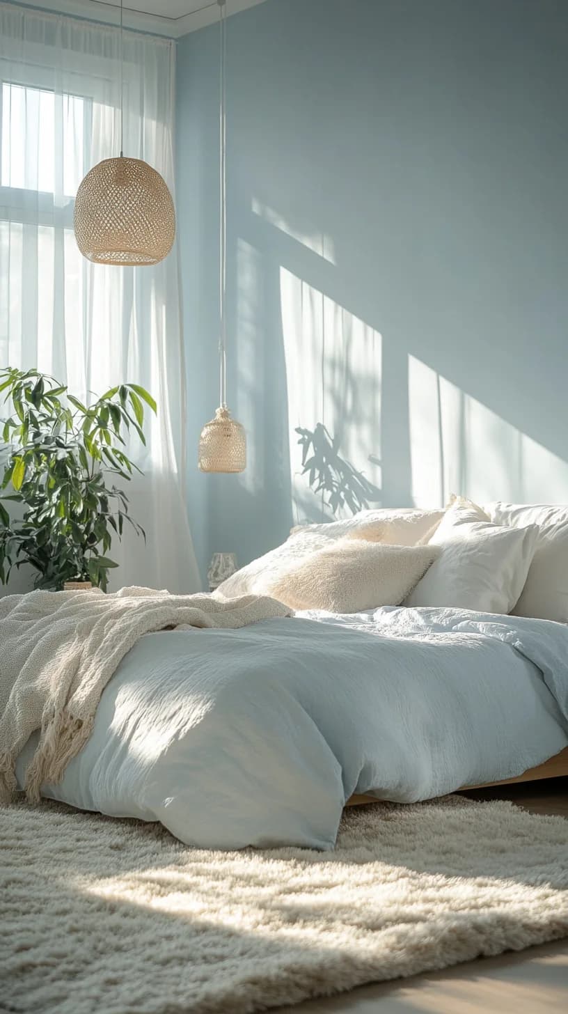 Recámara luminosa con paredes azul cielo muy claro, cama con ropa de cama azul y blanca, tapete afelpado, lámpara de fibra y plantas junto a la ventana