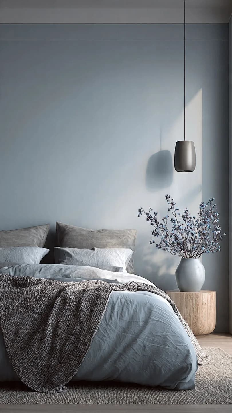 Recámara con pared azul grisáceo, cama con ropa de cama azul y gris, una manta tejida, lámpara colgante y un jarrón con ramas lilas
