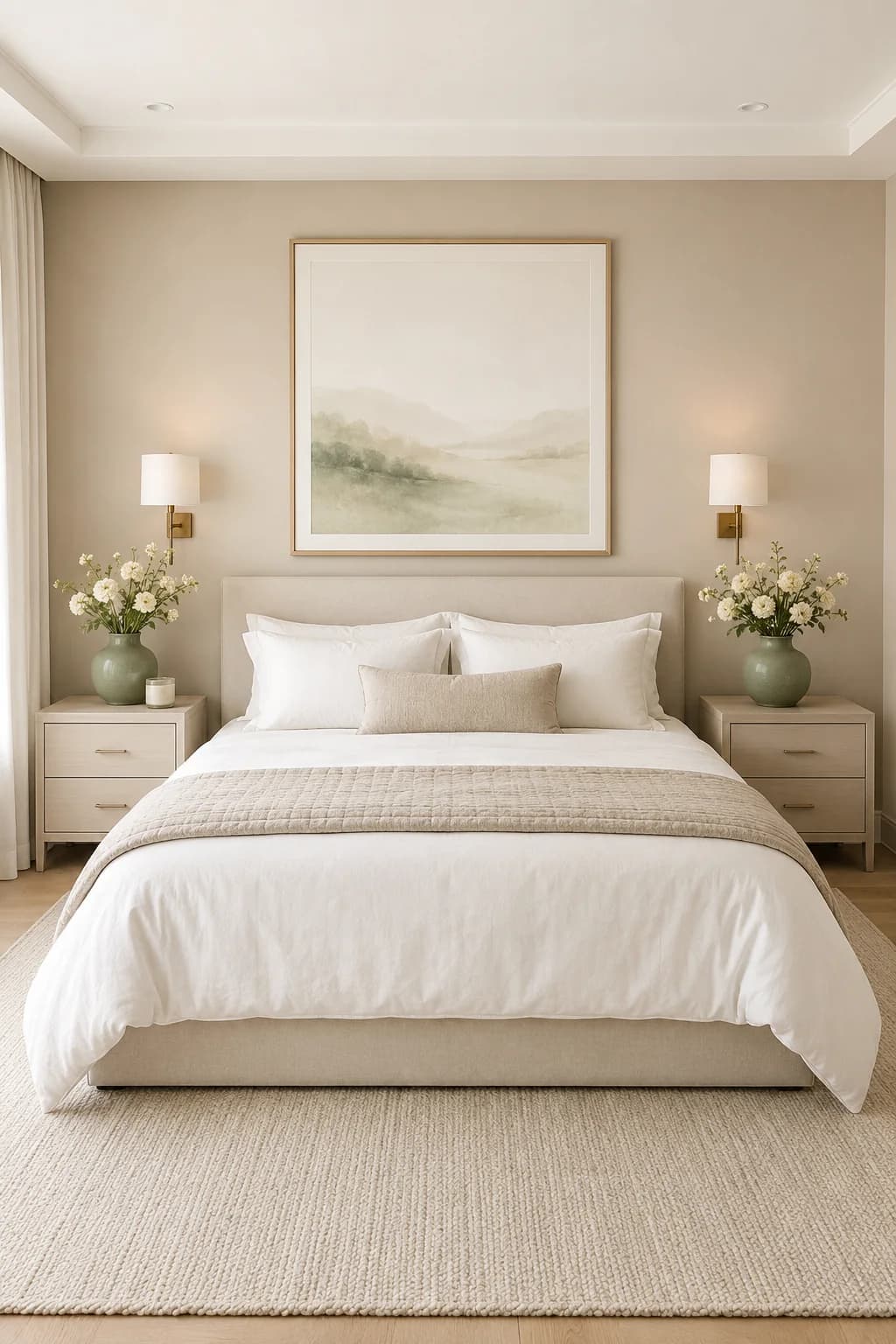Recámara en beige con un cuadro de paisaje sobre la cama, apliques dorados, flores blancas en los burós y ropa de cama blanca sobre un tapete claro