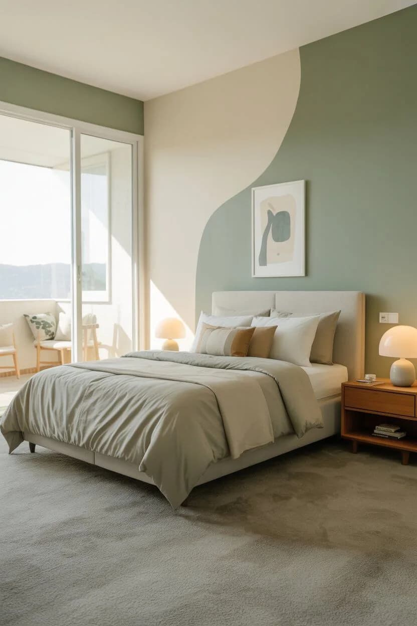 Recámara con una forma curva pintada en verde salvia sobre pared crema, cama con ropa de cama verde claro, lámpara de buró y ventanal