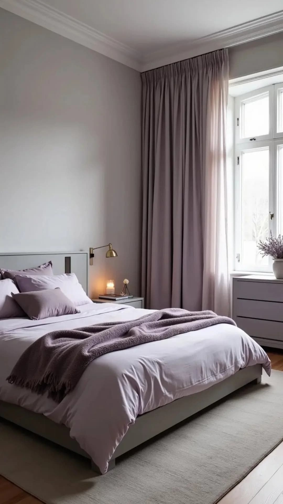 Recámara con paredes gris claro, cortinas lavanda, cama con ropa de cama lila y morada y una vela en el buró