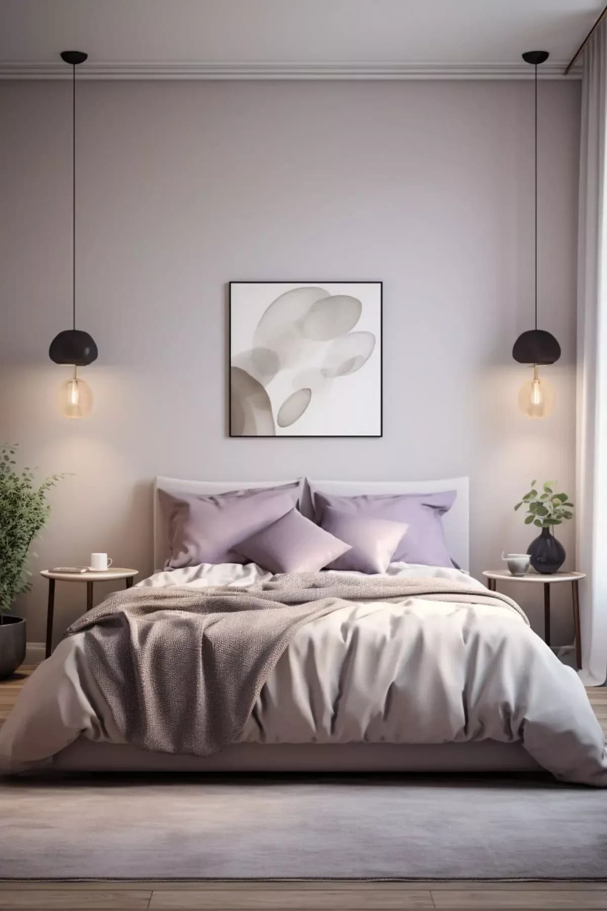 Recámara con pared lavanda grisácea, cuadro abstracto, dos lámparas colgantes negras, cama con ropa de cama lila y gris