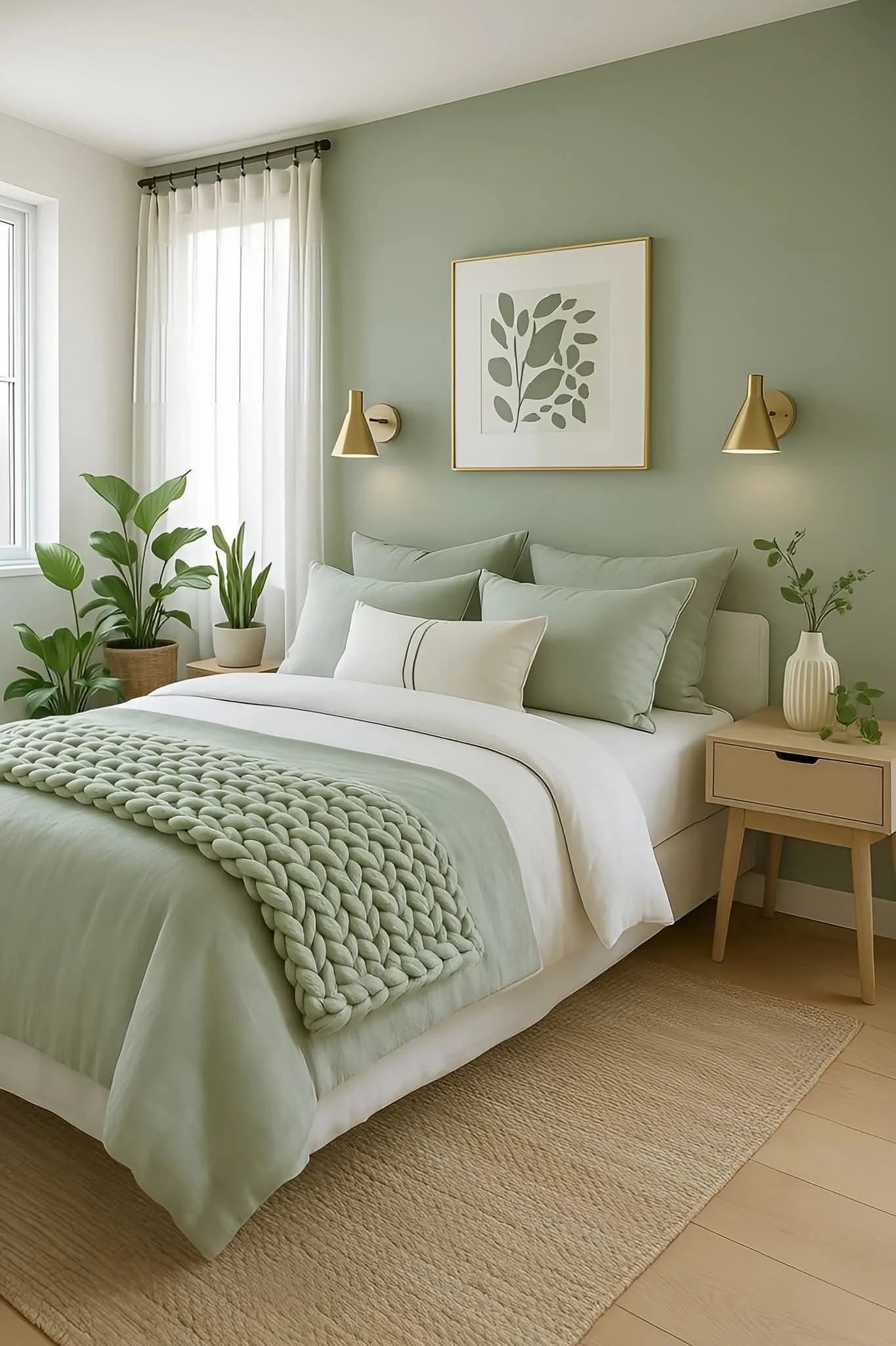 Recámara con pared verde salvia detrás de la cama, cuadro de hojas, apliques dorados, ropa de cama blanca y verde con una manta tejida y plantas a los lados