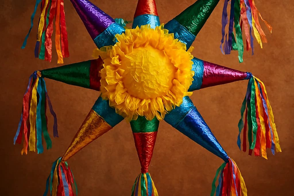 Piñata de estrella de siete picos con conos metálicos de colores, un centro amarillo de papel y flecos de papel de china colgando