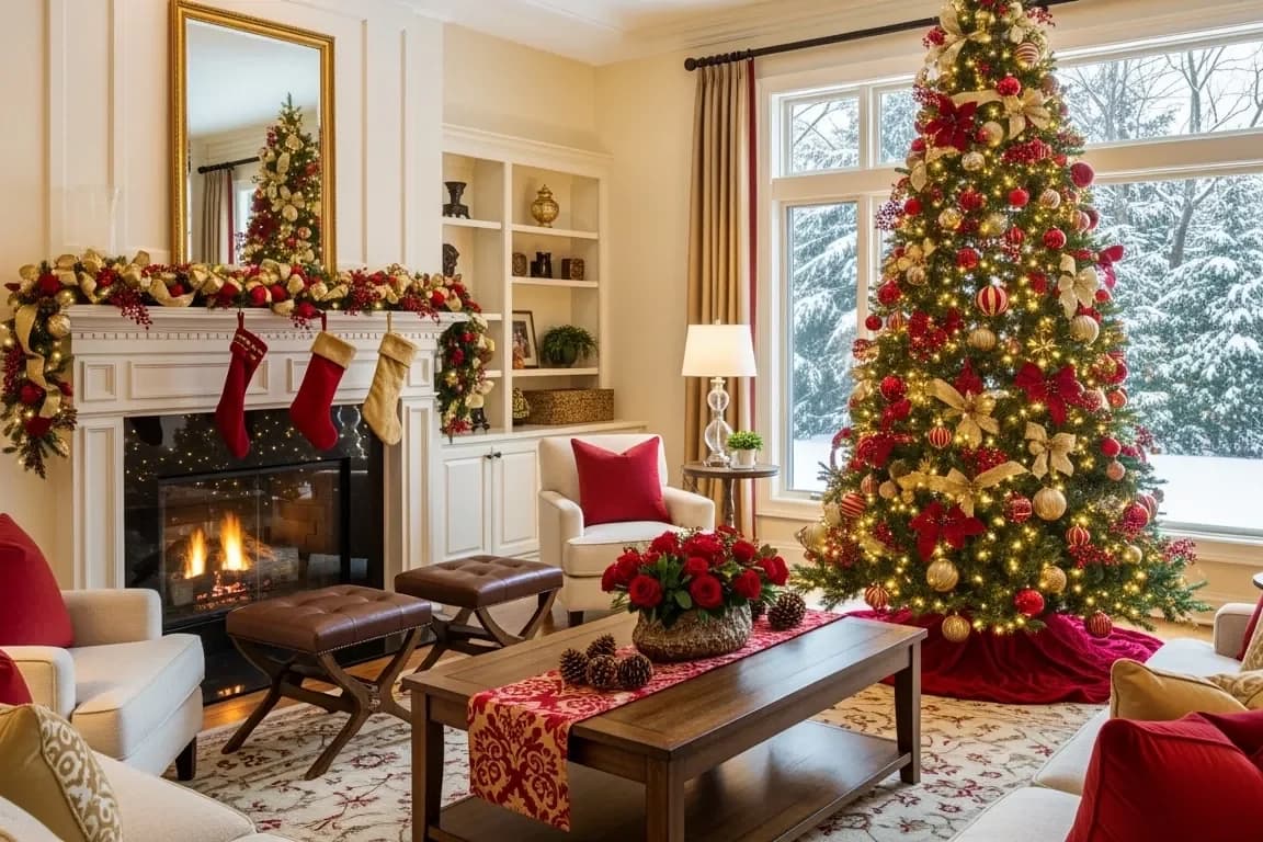 Sala blanca decorada en rojo y dorado con un árbol grande junto a la ventana nevada, chimenea con guirnalda y botas, cojines rojos y un camino de mesa rojo