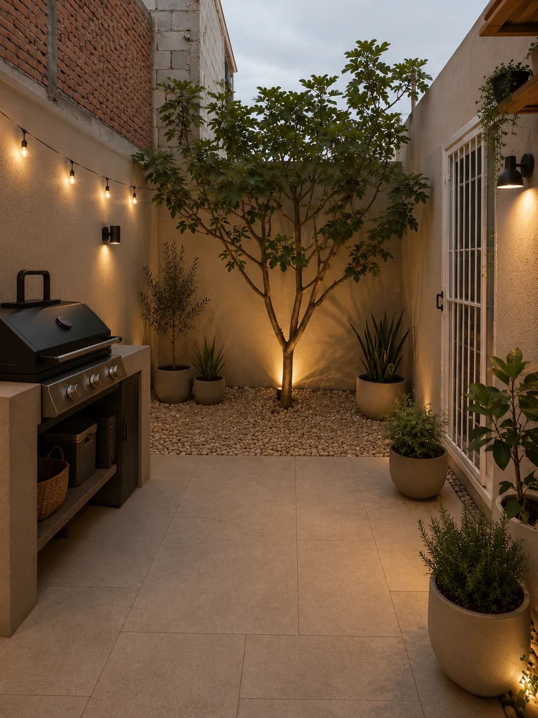 Patio de piso claro con un árbol pequeño en un cuadro de grava iluminado desde abajo, macetas grandes, asador y focos en el muro