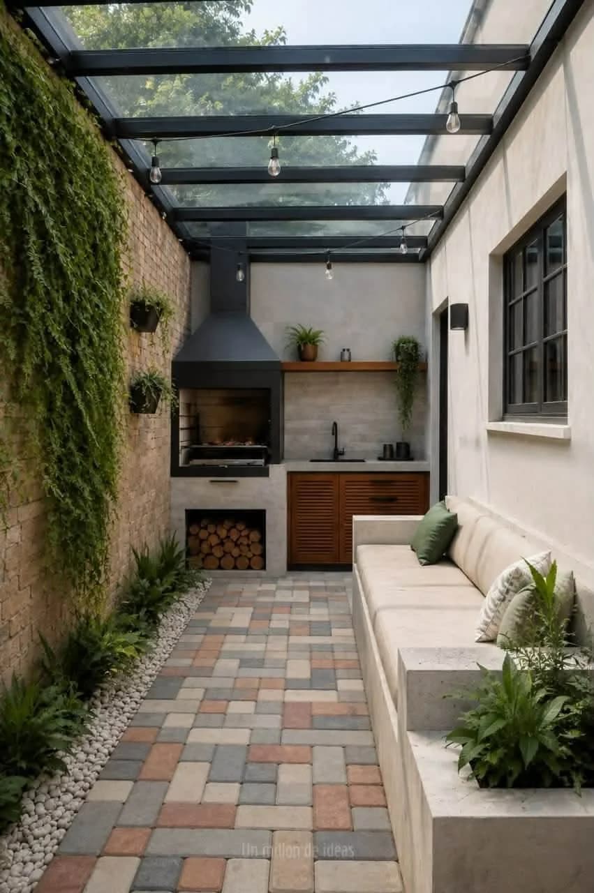 Patio largo con banca de concreto con cojines, asador con campana al fondo, piso de adoquín de colores y techo de vidrio