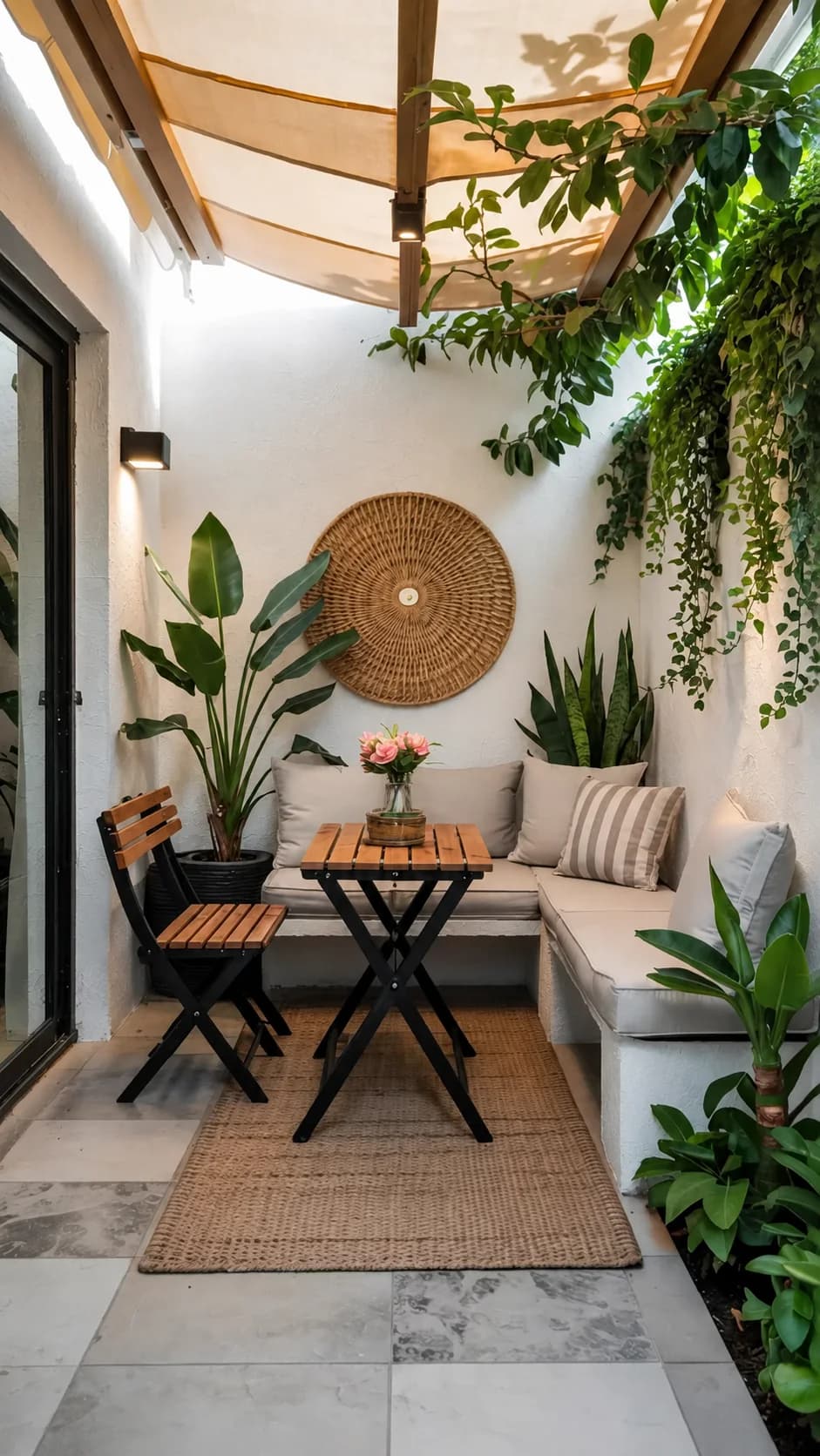 Patio angosto con banca en esquina con cojines, mesa y sillas plegables, tapete de yute, plato tejido en el muro y plantas colgantes