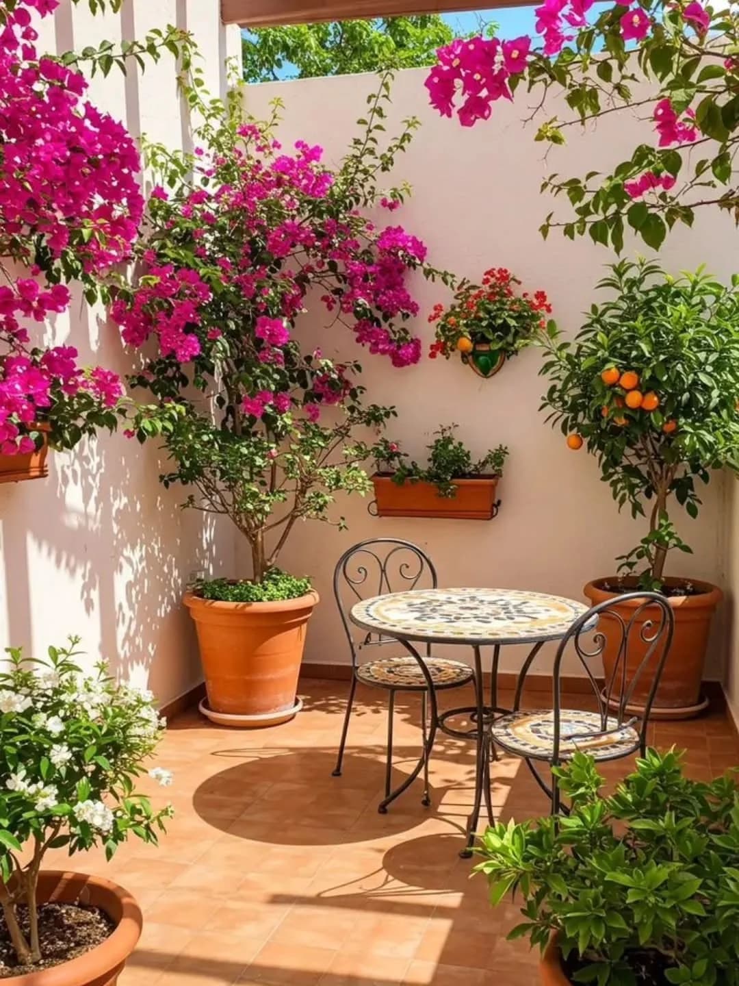 Patio de muros blancos con bugambilia fucsia, macetas de barro, un naranjo en maceta y mesa redonda de mosaico con dos sillas de herrería