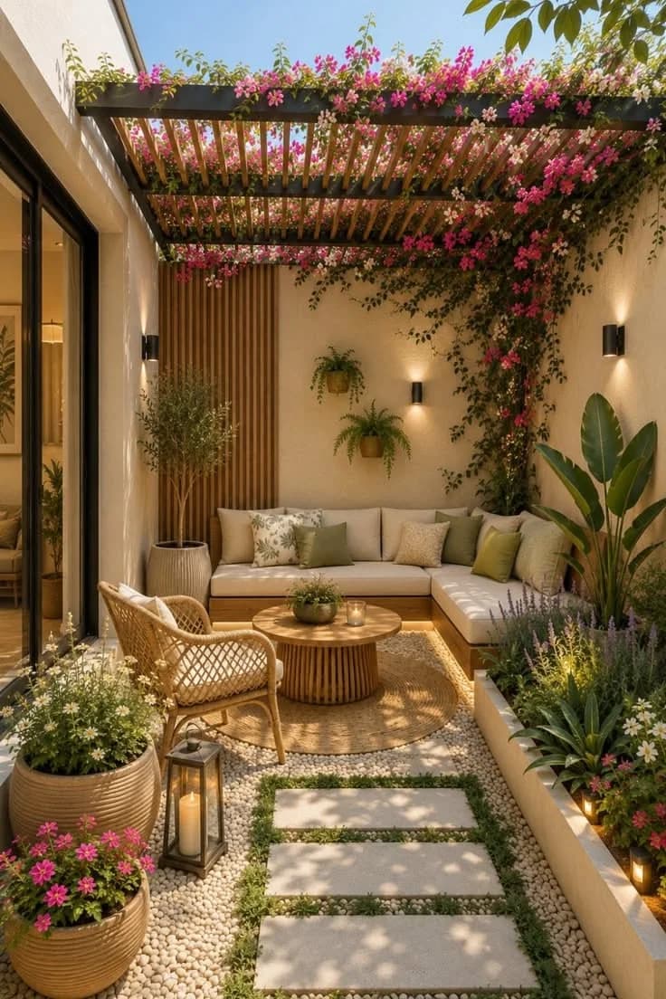 Patio con pérgola de madera cubierta de bugambilia, sala exterior en L, sillón de ratán, mesa redonda y piedras de paso sobre grava