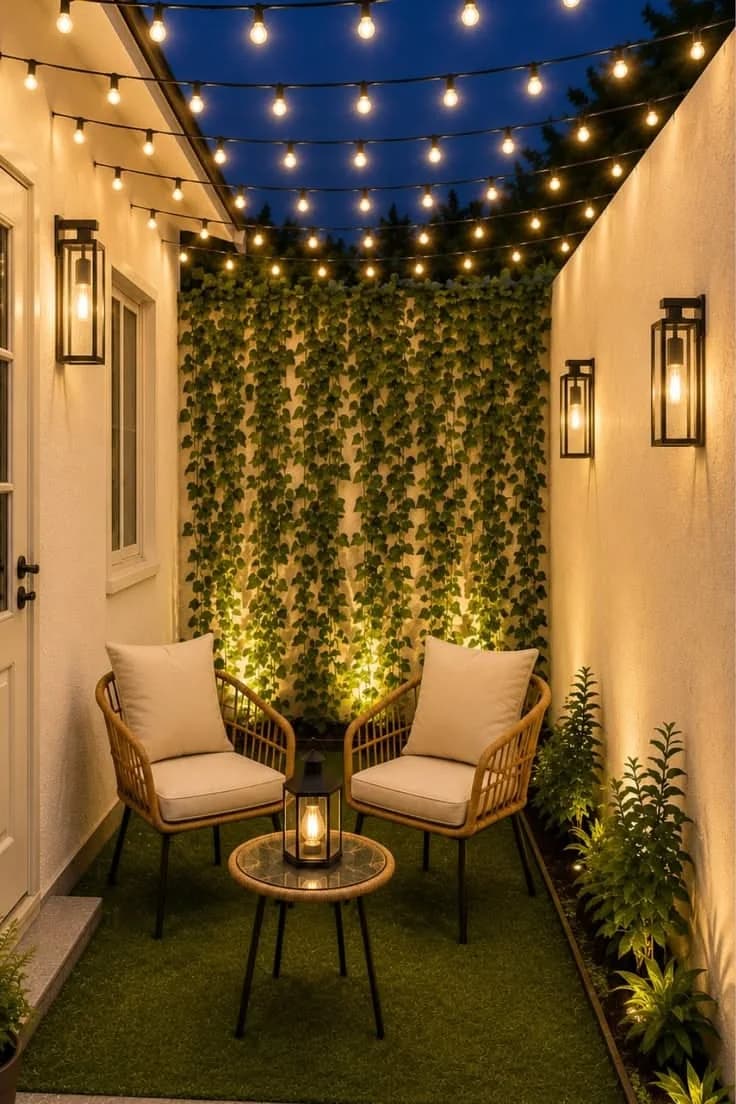 Patio angosto de noche con series de focos cálidos de muro a muro, muro verde, dos sillones de ratán y faroles