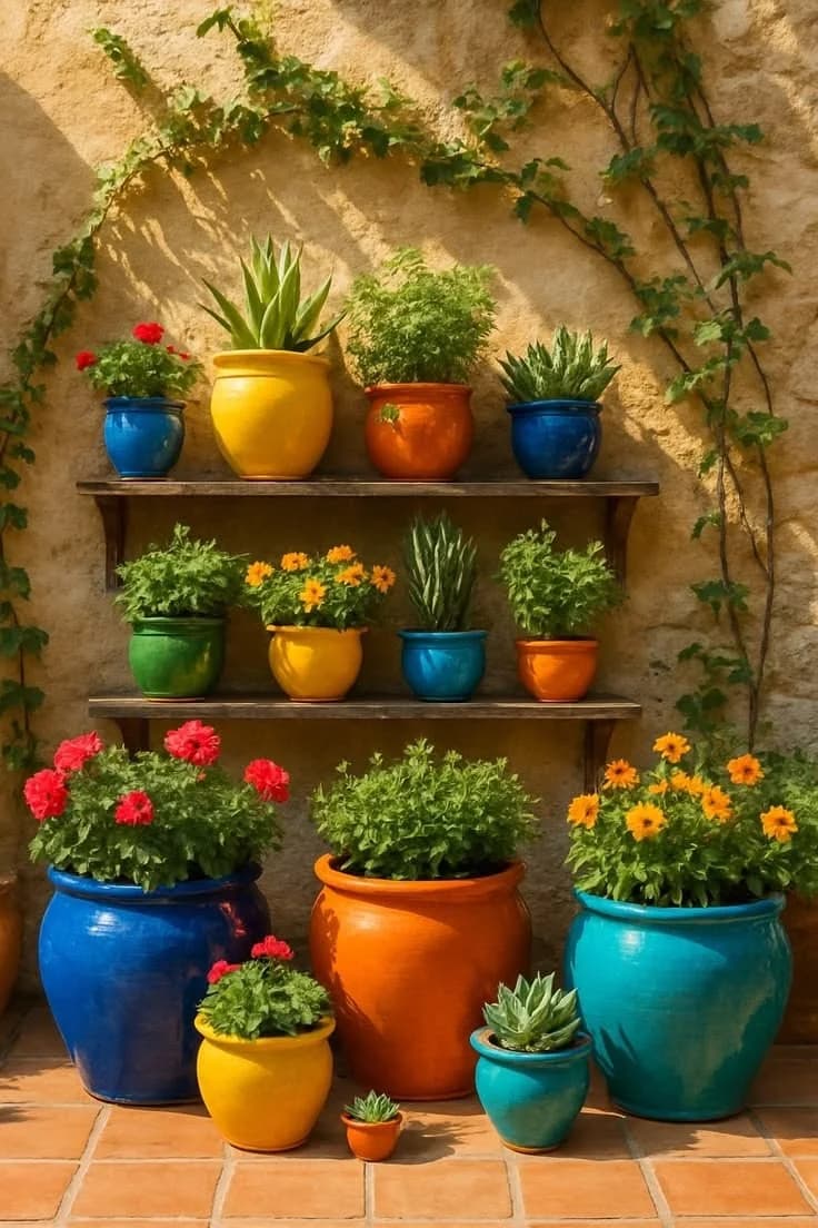 Repisas de madera sobre un muro amarillo con macetas esmaltadas de colores con flores y suculentas, y macetas grandes en el piso