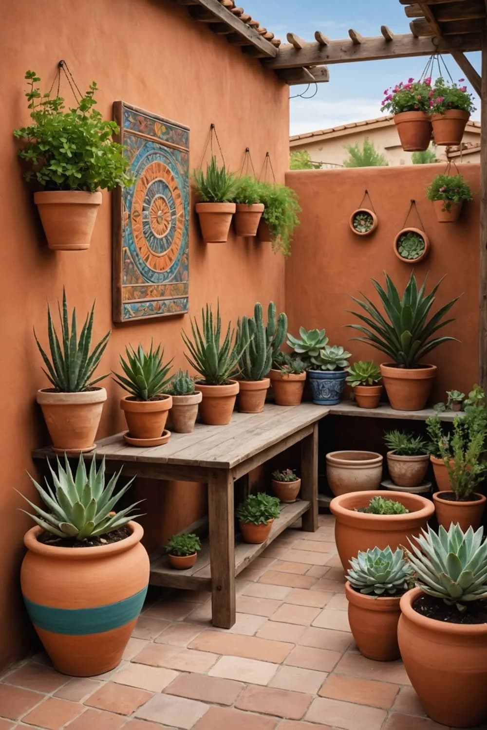 Patio con muros color terracota, macetas de barro colgadas, mesa rústica con agaves y suculentas y un mosaico decorativo en la pared