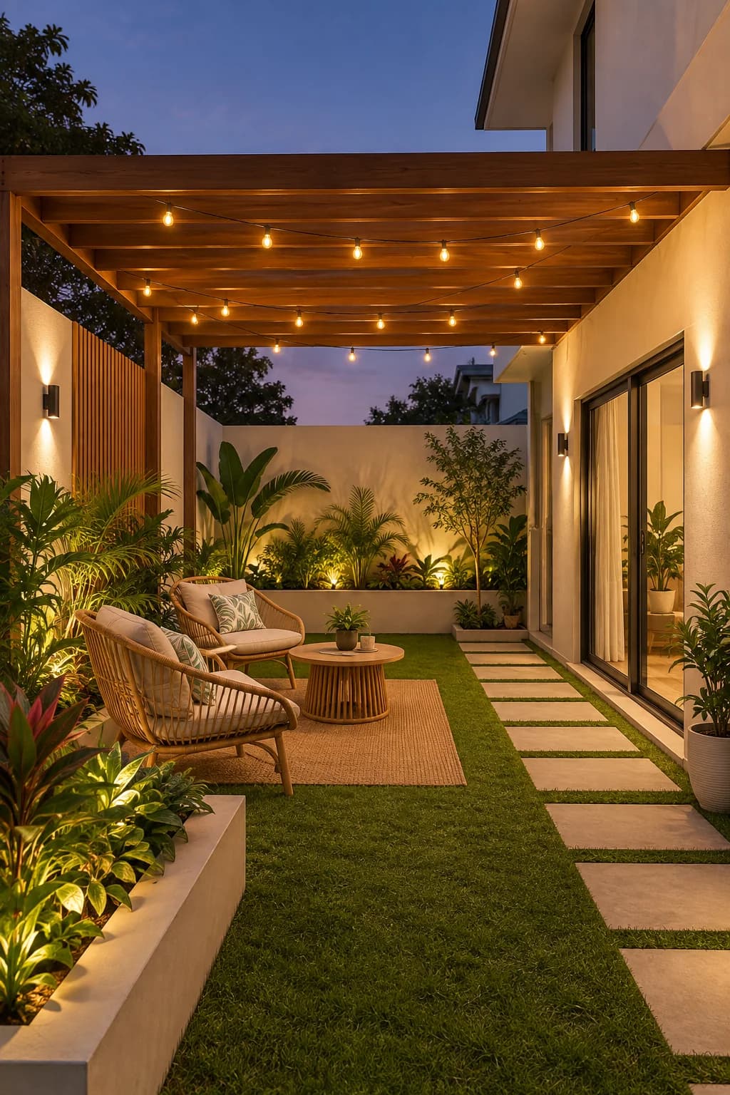 Patio largo al atardecer con pérgola de madera con focos, pasto, piedras de paso, sillones de ratán y jardinera iluminada