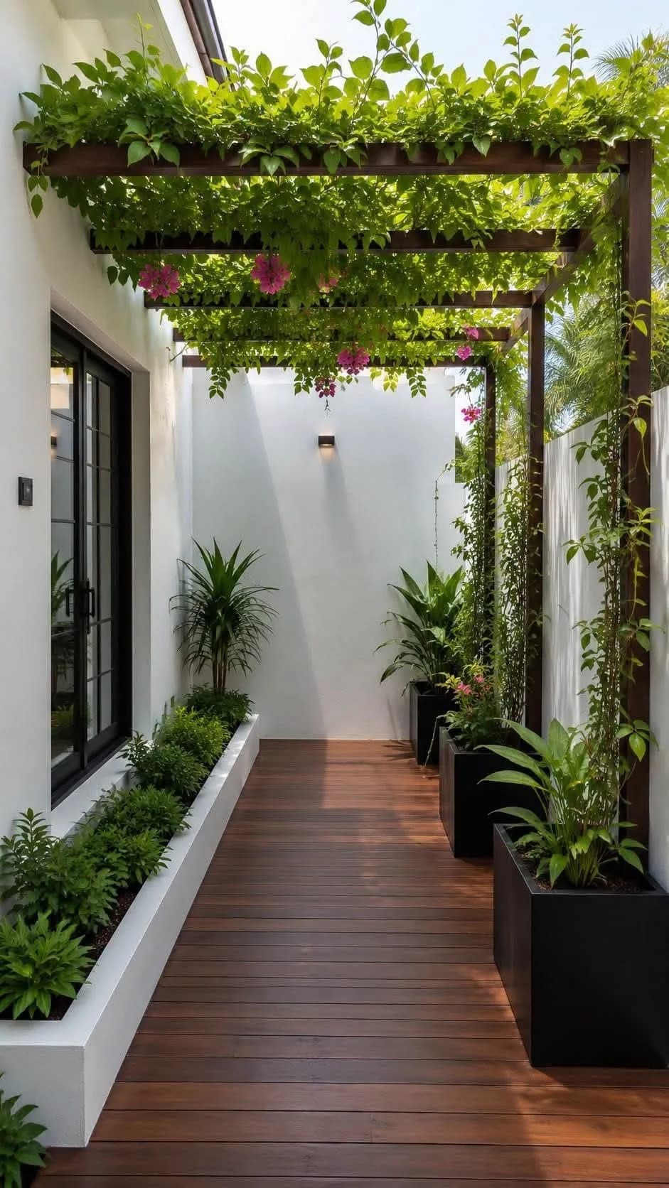 Patio pasillo con pérgola metálica cubierta de enredadera, jardineras blancas a los lados y piso de deck de madera