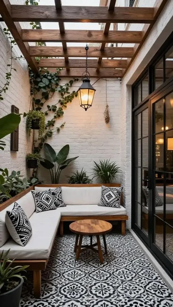 Patio con piso de mosaico blanco y negro, banca en L con cojines, mesa redonda de madera, pérgola y farol colgante