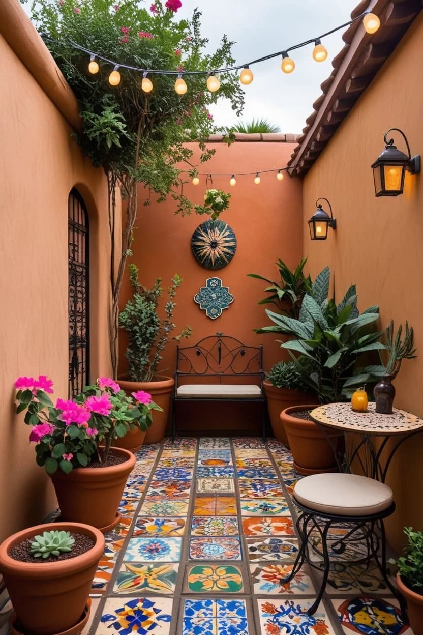 Patio de muros terracota con piso de azulejo tipo talavera, mesa y sillas de herrería, macetas de barro y serie de focos