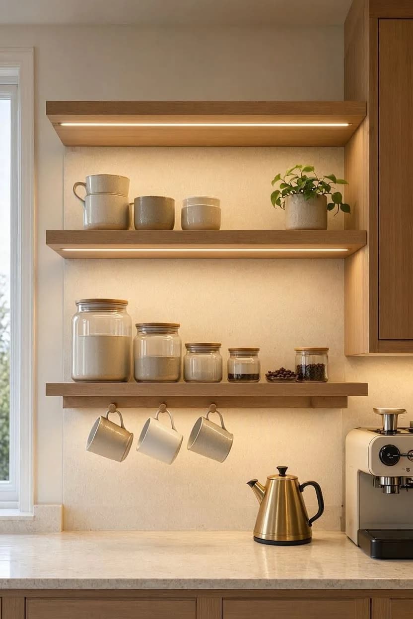 Coffee corner with three oak floating shelves lit from below, holding stoneware mugs, glass canisters and a small plant, with mugs hanging on hooks and a brass kettle on the counter
