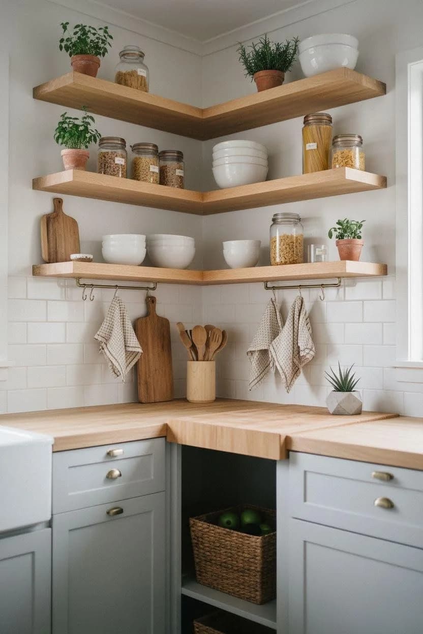 Kitchen corner with three L-shaped oak floating shelves holding white bowls, jars and plants, with a rail of hooks below holding linen towels and cutting boards above sage green cabinets