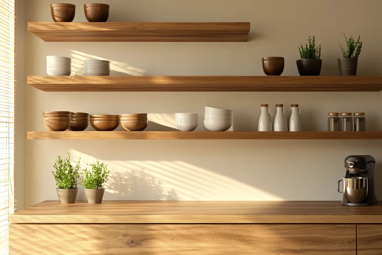 Three long oak floating shelves on a warm beige kitchen wall in low sunlight, holding wooden and white bowls, stacked plates, small bottles and potted herbs, above a wooden counter
