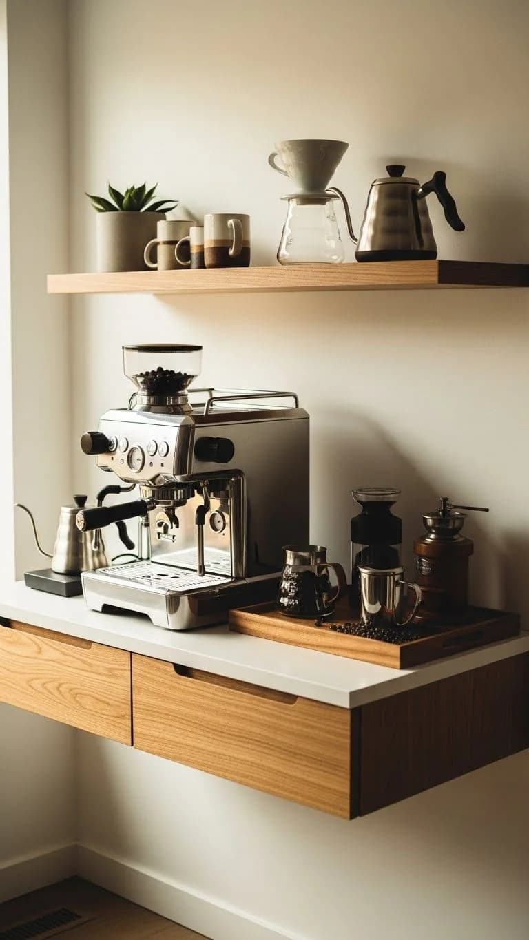 Compact coffee station with an espresso machine on a wall-mounted floating drawer unit and a single shelf above holding a pour-over kettle, a dripper and a small plant
