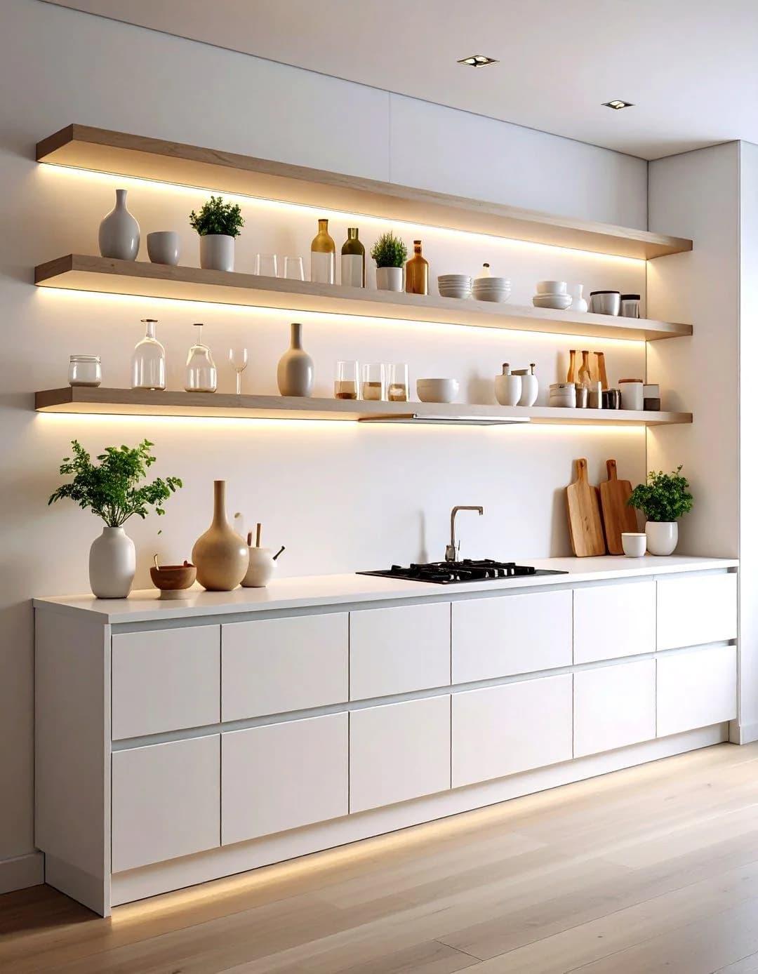 Minimal white kitchen with three long floating shelves each lit from below with warm LED strips, holding glasses, bottles and small ceramics above a white counter with a hob