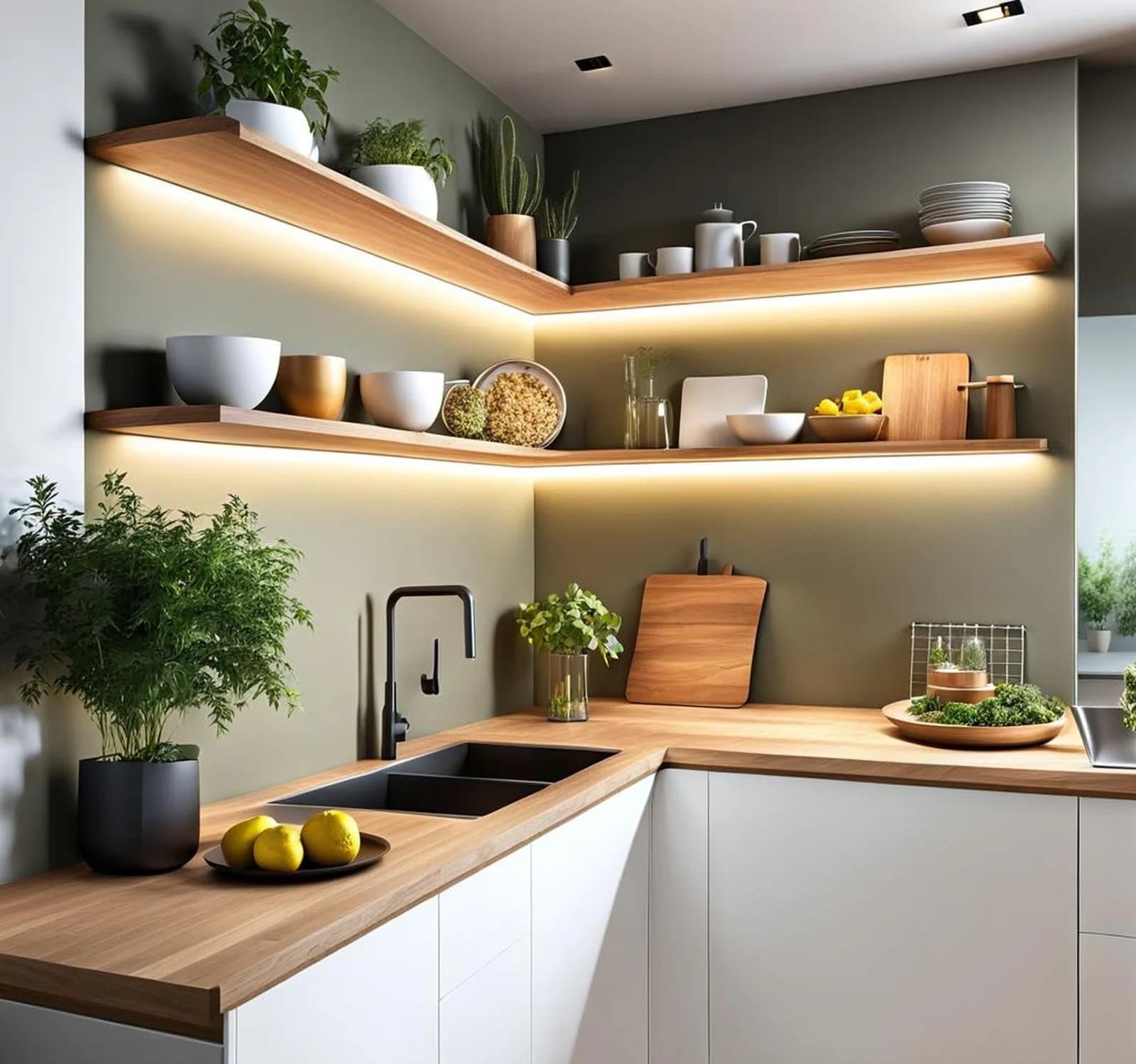 Kitchen corner with two lit wooden floating shelves wrapping around a sage green wall, holding bowls, a jar of grains and plates above a wooden counter and a black sink
