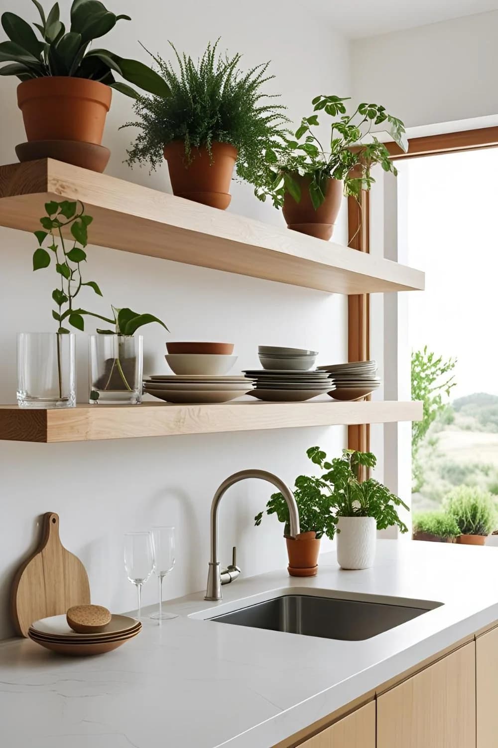Kitchen sink under oak floating shelves holding potted ferns and herbs in terracotta pots, stacked plates and bowls, glasses and a cutting board, beside a sunny window