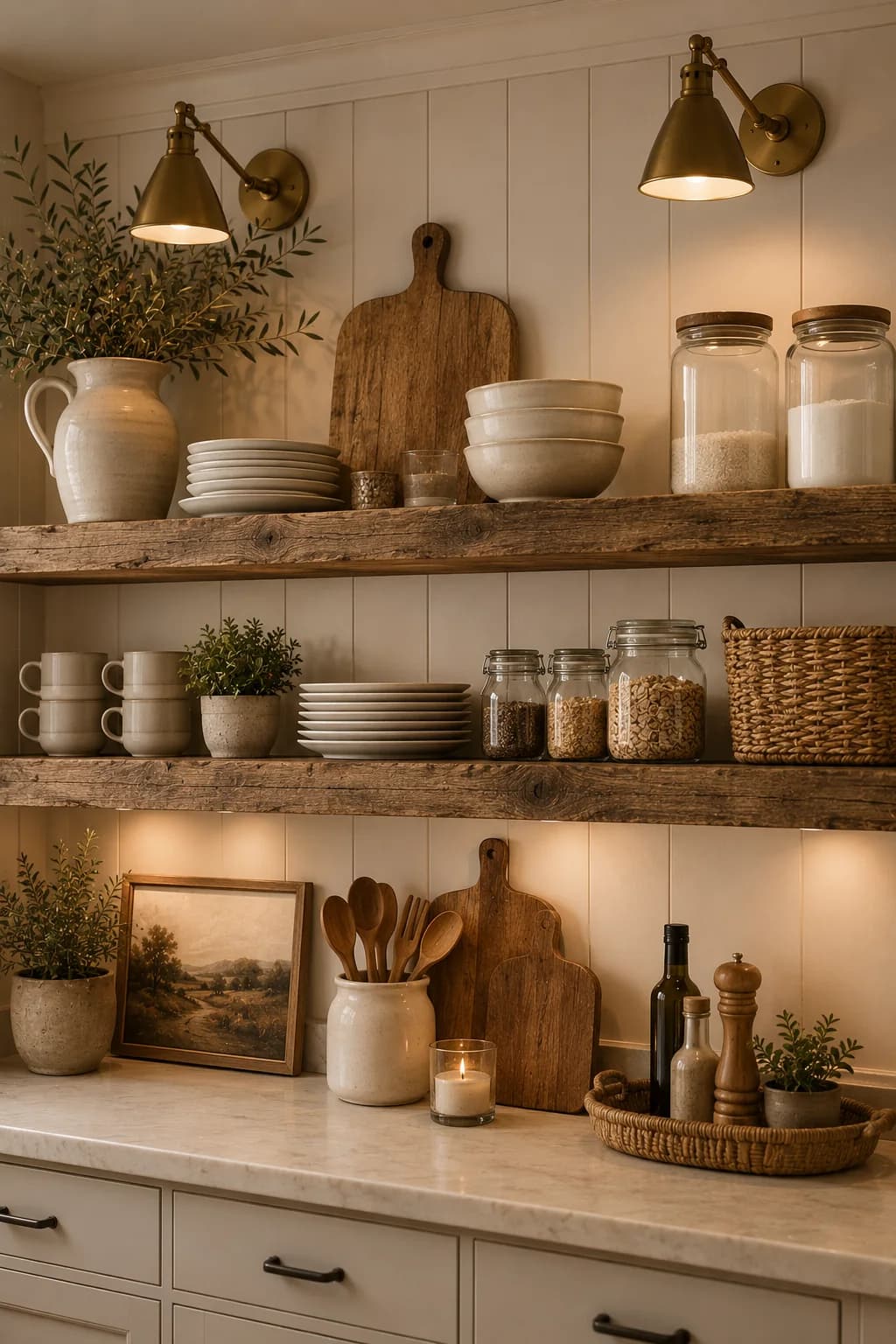 Rustic wooden kitchen shelves under two brass wall lights, styled with stacked white bowls and plates, glass jars, mugs, a wooden cutting board, a ceramic jug and a small landscape painting