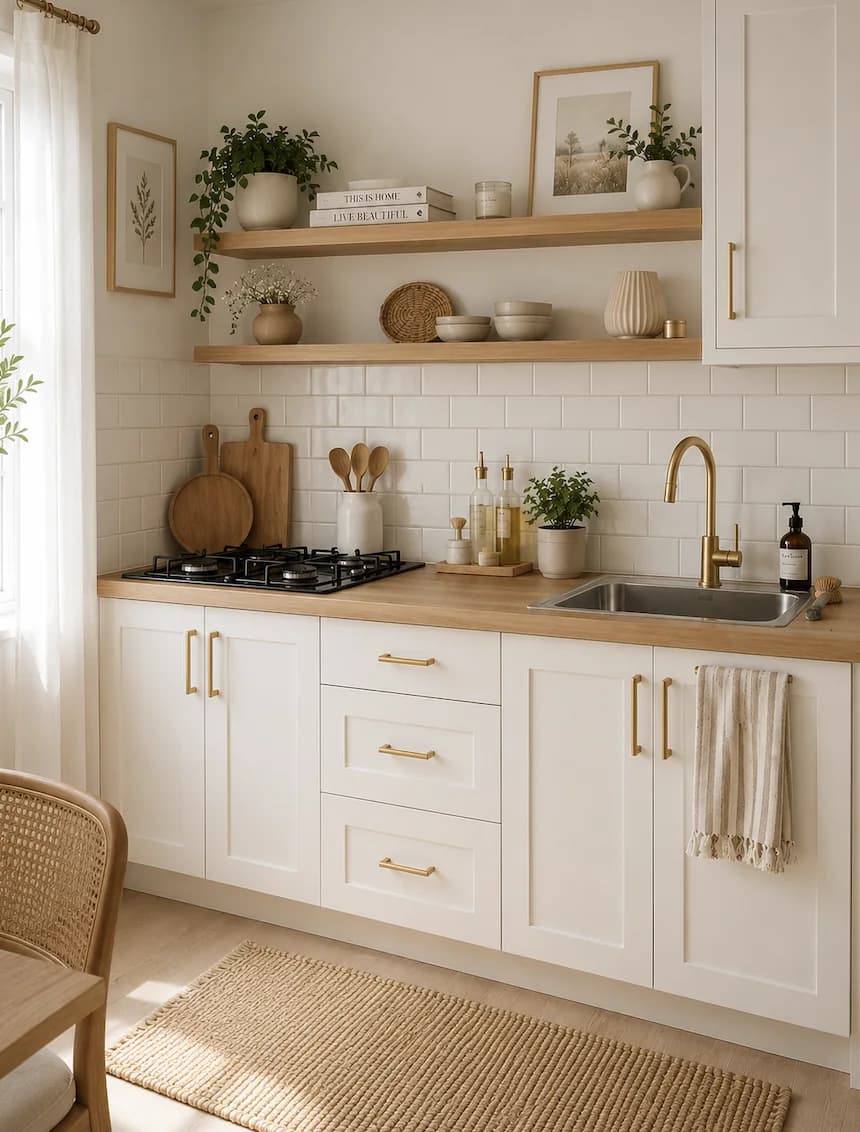 White kitchen with two oak floating shelves above the counter holding a framed print, plants and bowls, beside a white upper cabinet, with brass taps and a gas hob