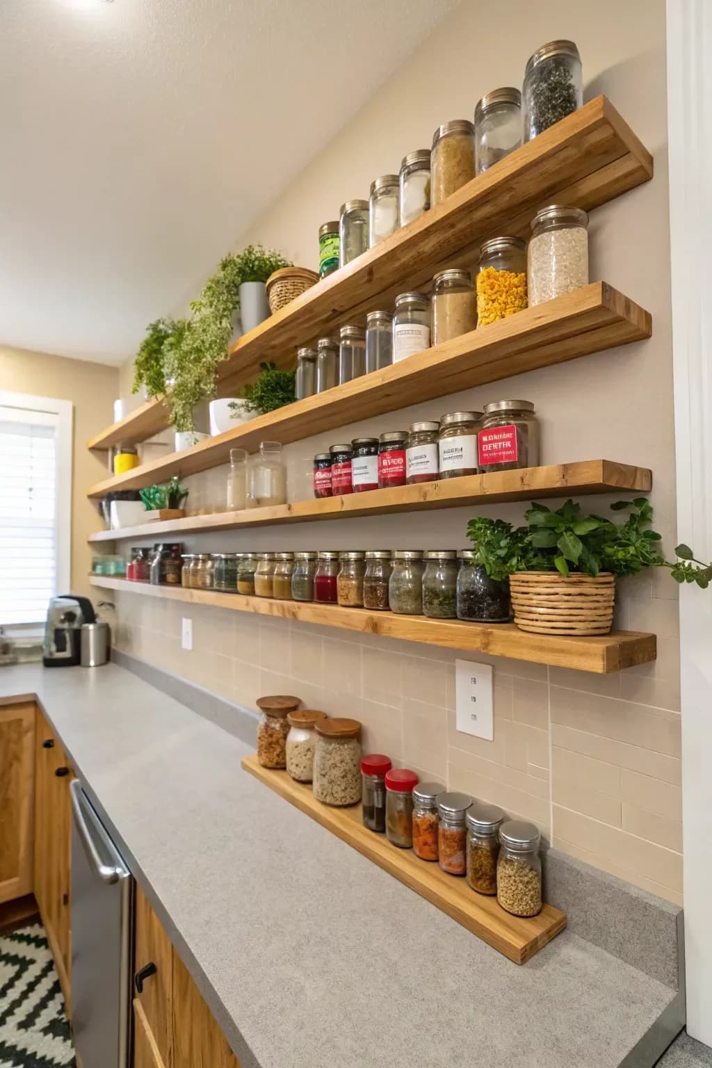 Long galley kitchen wall with several narrow wooden floating shelves lined with glass spice and storage jars and a few potted plants above a grey counter