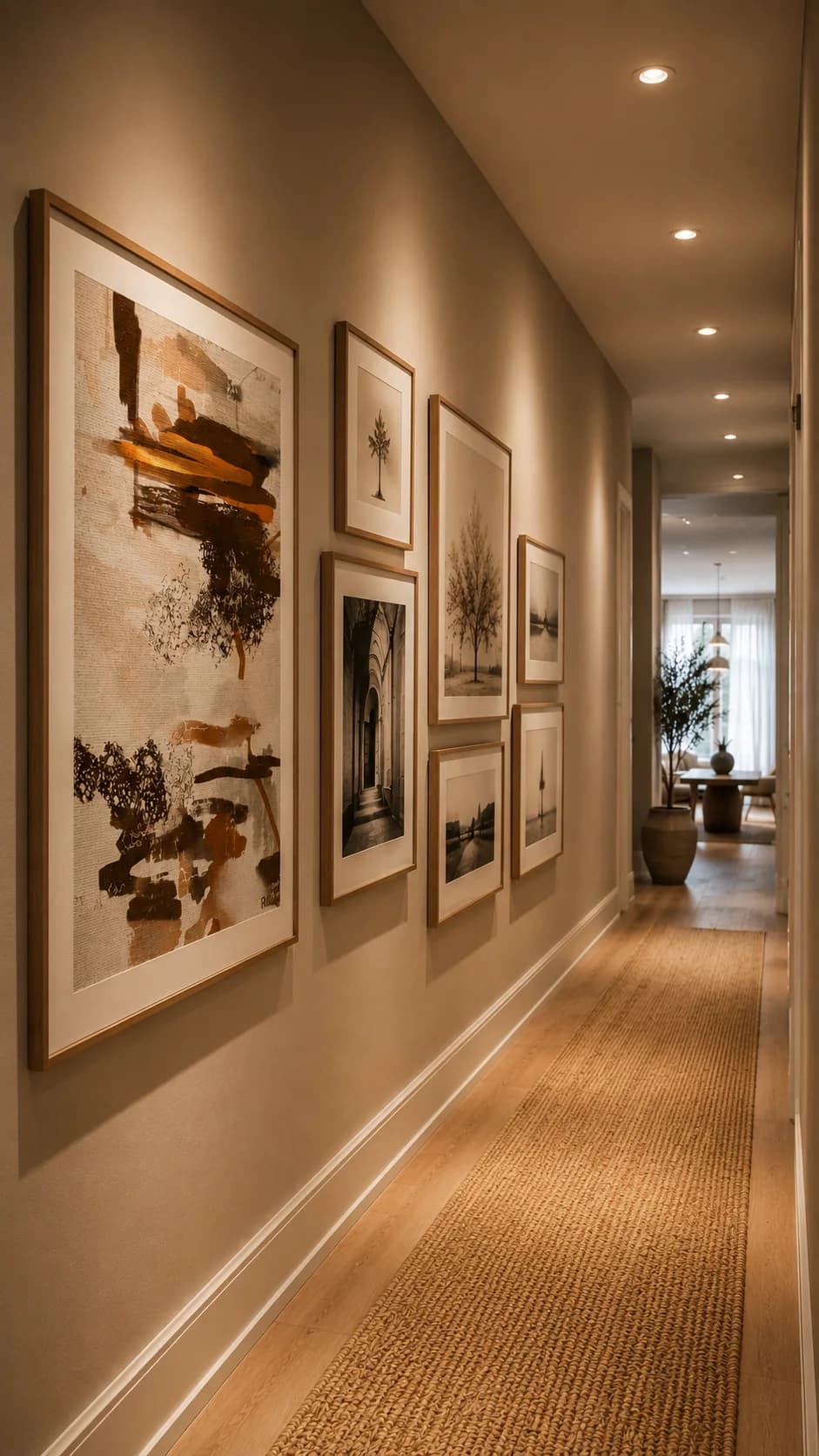 Long hallway with one large abstract artwork in a wood frame followed by pairs of smaller framed prints, lit by recessed ceiling lights