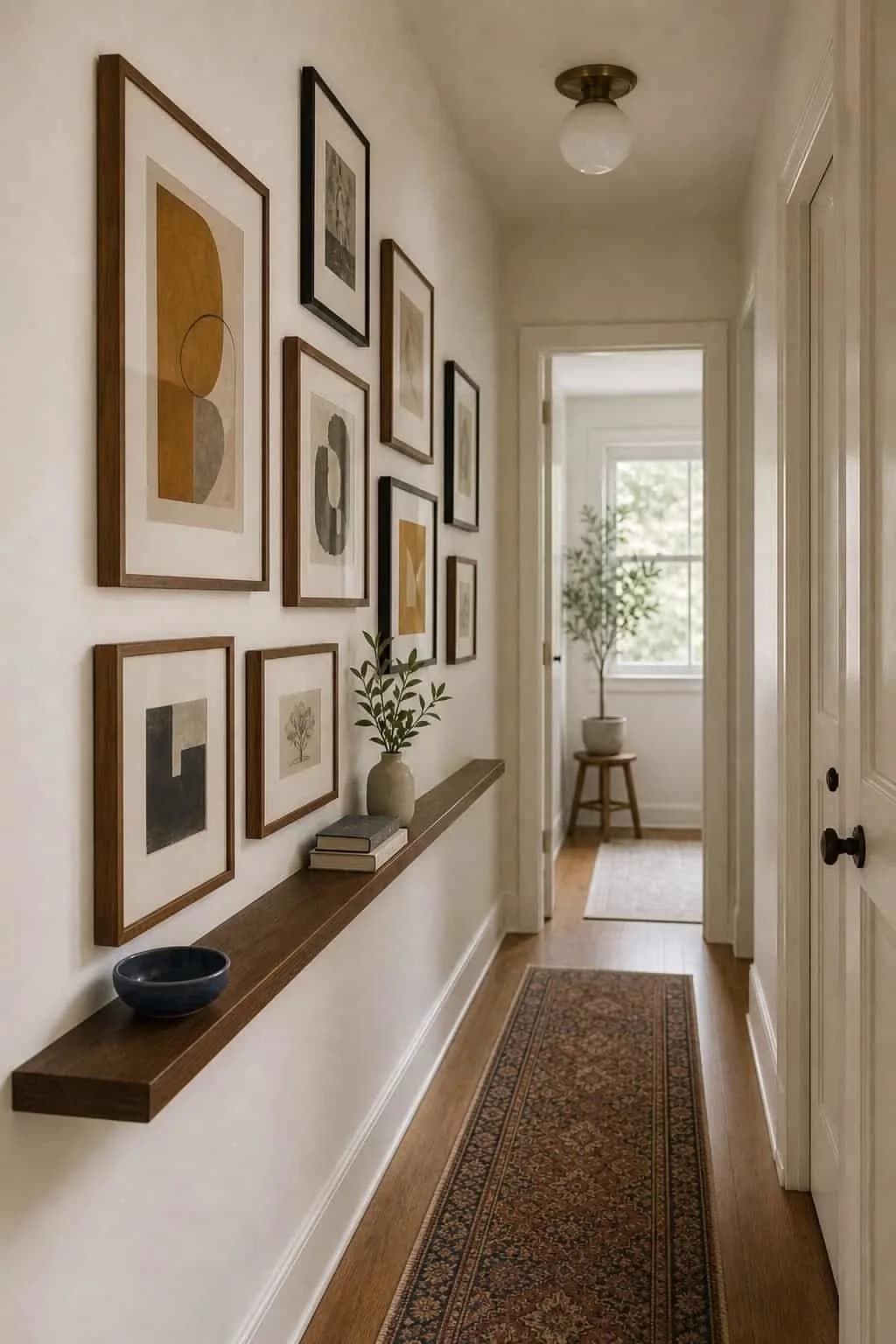 Hallway wall with abstract and botanical prints in wood and black frames hung above a long dark wooden ledge holding a vase, books and a bowl, with a patterned runner