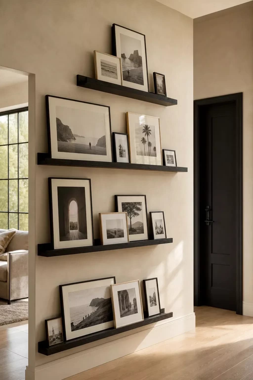 Wall beside a doorway with four black picture ledges holding overlapping black-and-white landscape photographs in black, white and wood frames