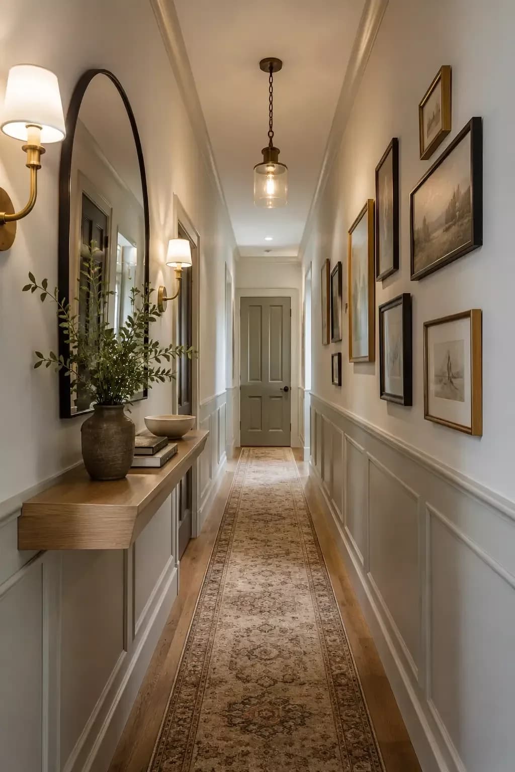 Narrow hallway with framed landscape pictures on the right wall and an arched mirror, wall lights and a shallow wooden shelf with a vase of branches on the left, above grey panelling and a patterned runner