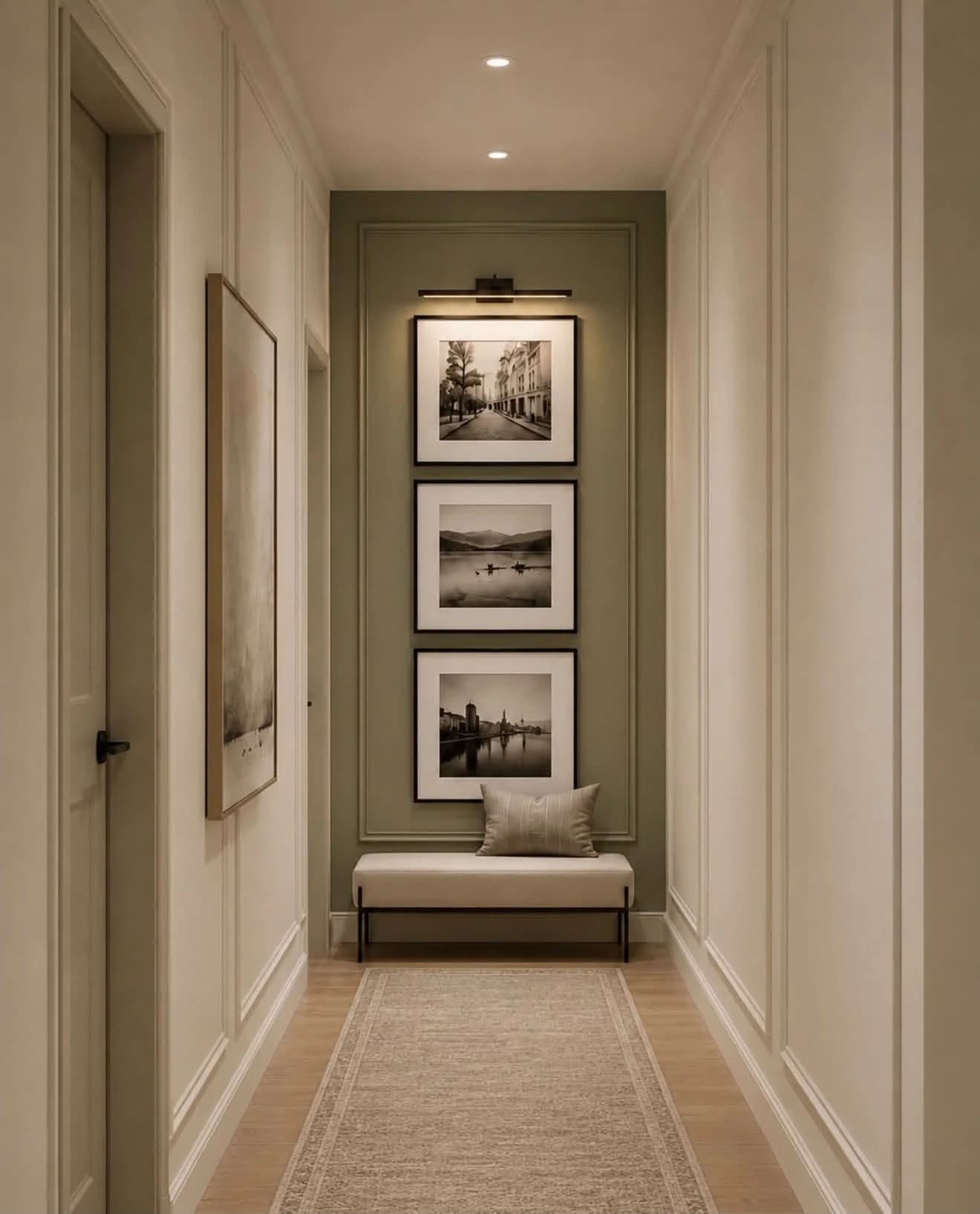 End wall of a hallway painted sage green with three stacked black-and-white landscape prints under a picture light and a small upholstered bench below