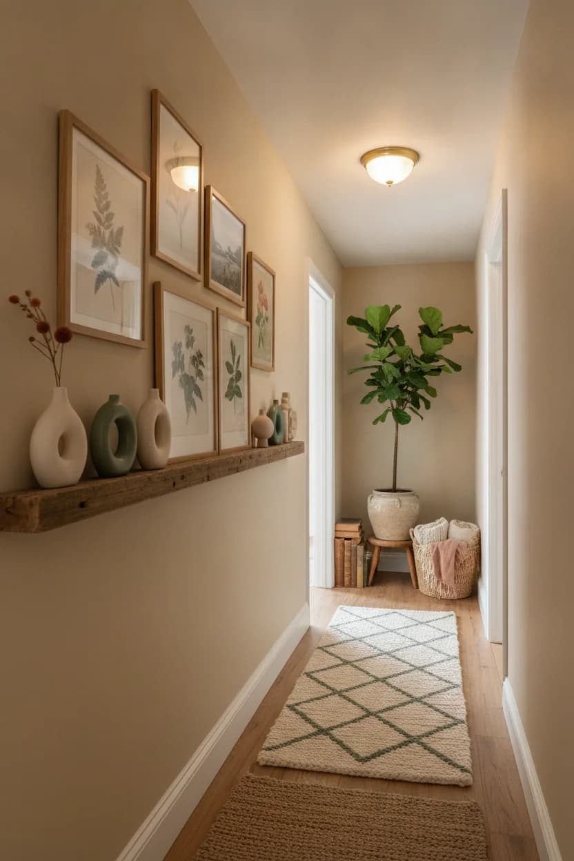 Beige hallway with botanical prints in pale wood frames above a rustic wooden ledge holding three ceramic vases, and a fiddle-leaf fig at the end of the hall
