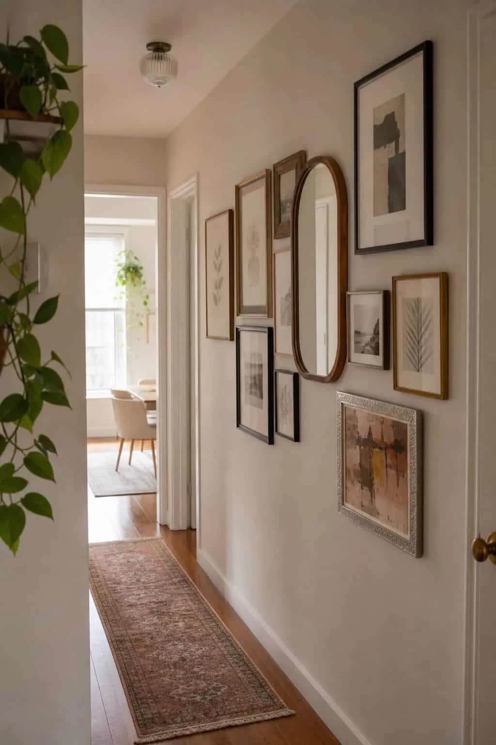 Hallway wall with an organic group of frames in black, wood and silver arranged around a tall oval mirror, with a runner and a trailing plant