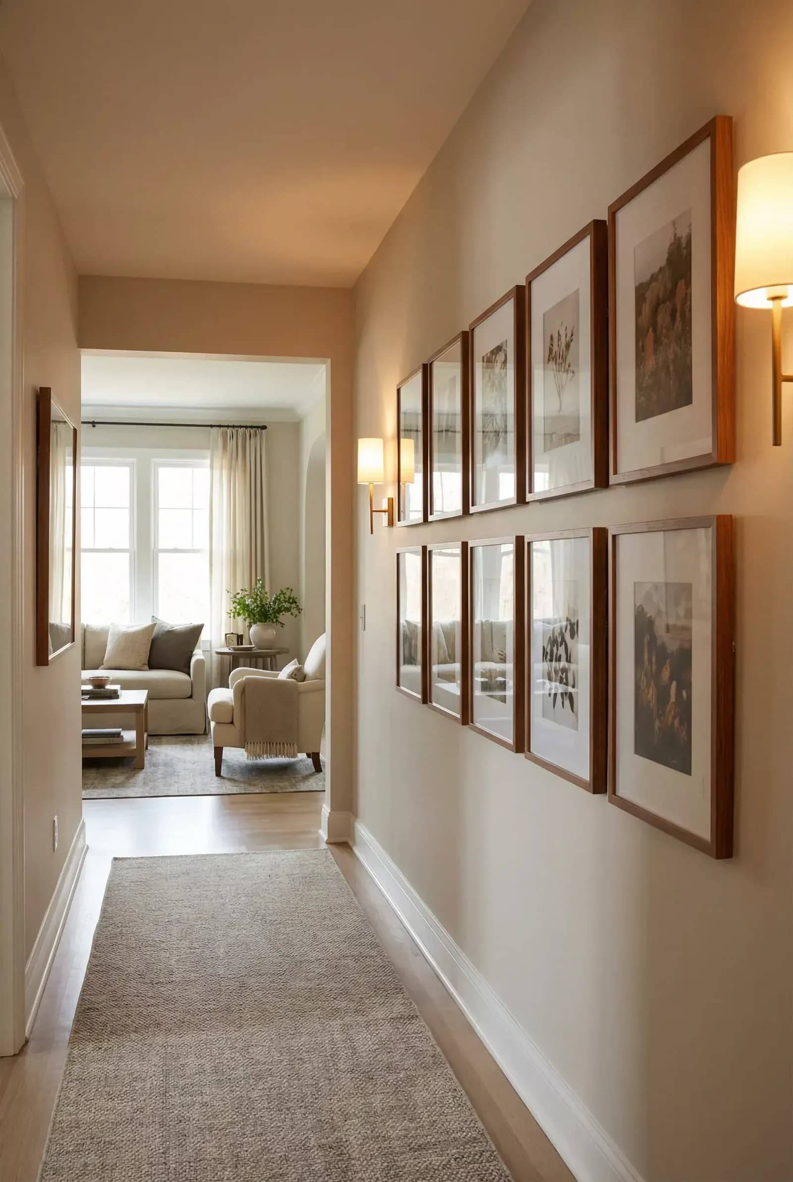 Hallway wall with ten matching wood frames with white mats hung in two rows of five, with a shaded wall light at each end and a runner on the floor