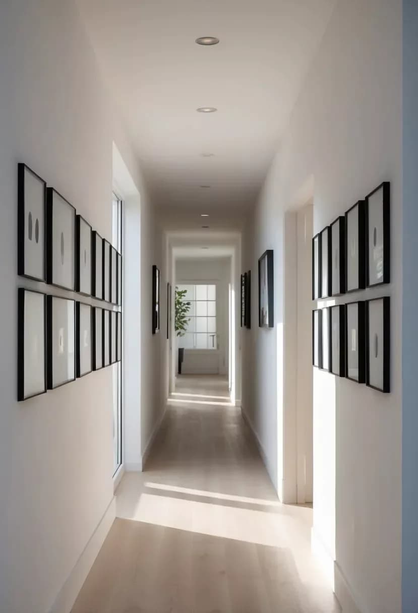 White hallway with identical thin black frames hung in two-row grids on both side walls, seen down the length of the hall