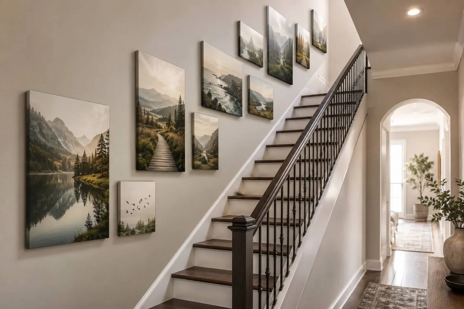 Staircase wall with a rising arrangement of landscape canvases of mountains, lakes and forests following a dark wood and iron handrail, with an arched doorway at the bottom