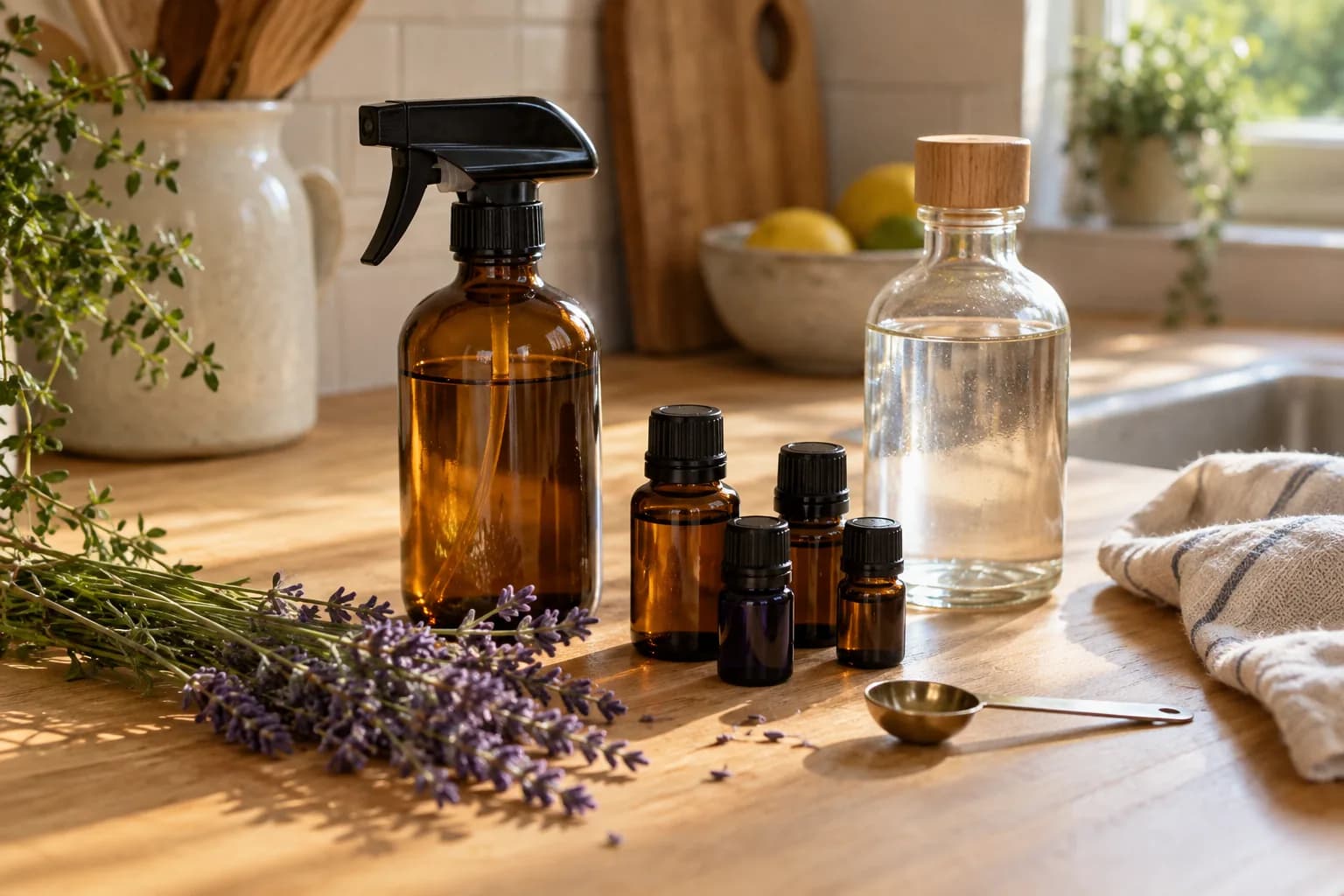 Amber spray bottle, essential oils, witch hazel and lavender on a kitchen counter