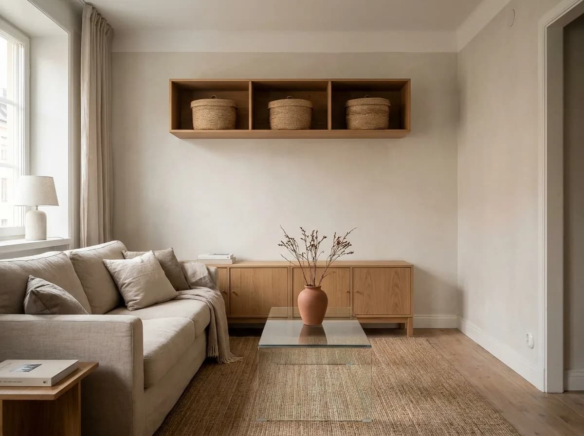 Tidy small apartment living area with lidded baskets, a closed media cabinet and clear surfaces