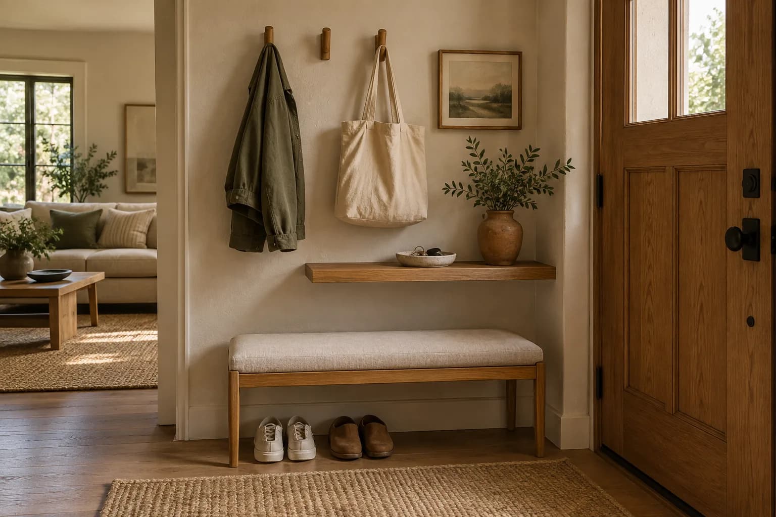 Small entry with wall hooks, a tray for keys and a shoe bench