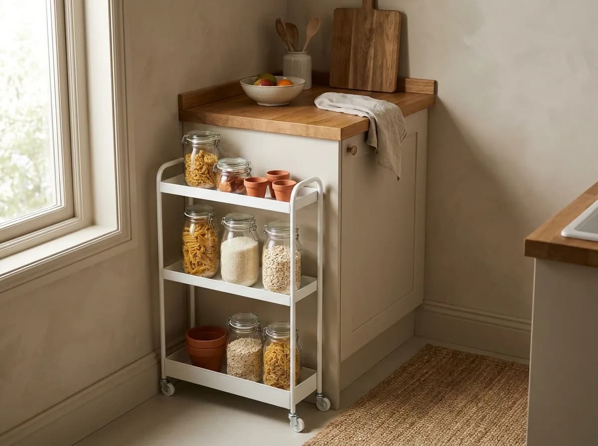 Narrow rolling cart with jars and pantry staples beside a small kitchen counter
