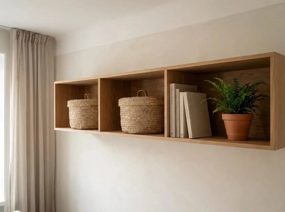 Lidded woven baskets on an open shelf in a small living room