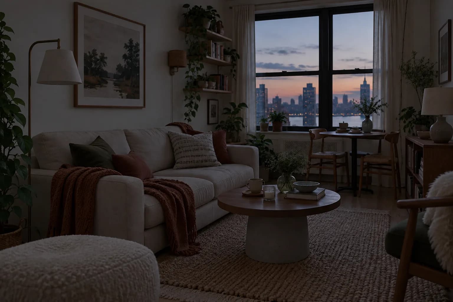 Living room at dusk with no ceiling light and no lamps on, dim and shadowy