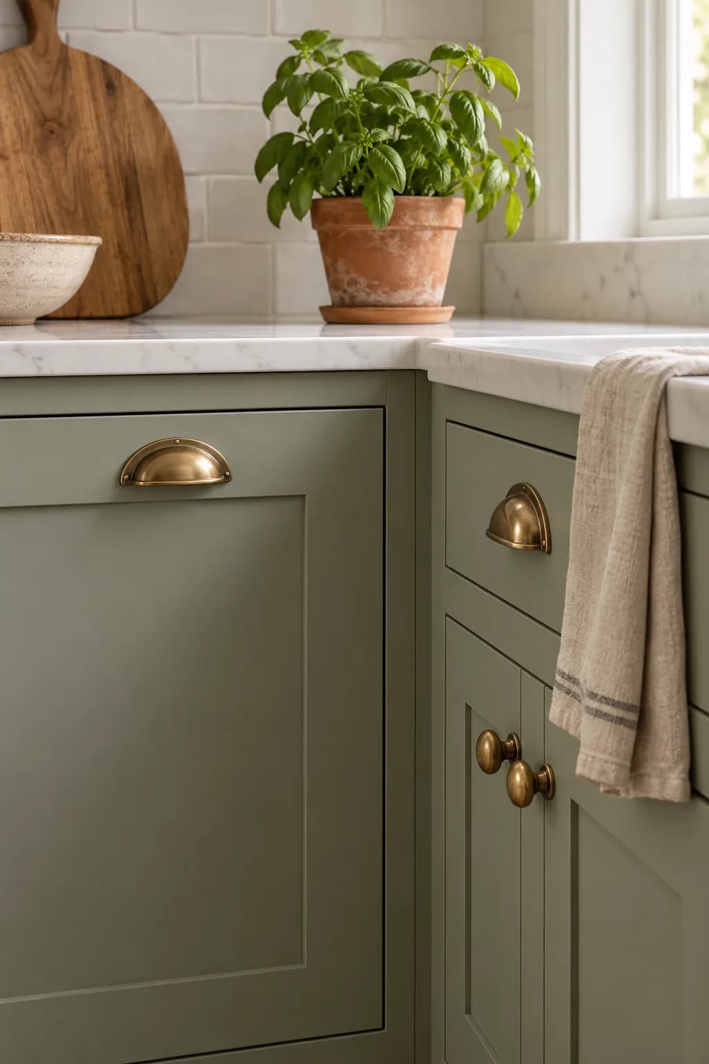 Close view of sage green shaker cabinet doors and drawers with brushed brass knobs and cup pulls, a corner of white counter with a small terracotta pot of herbs