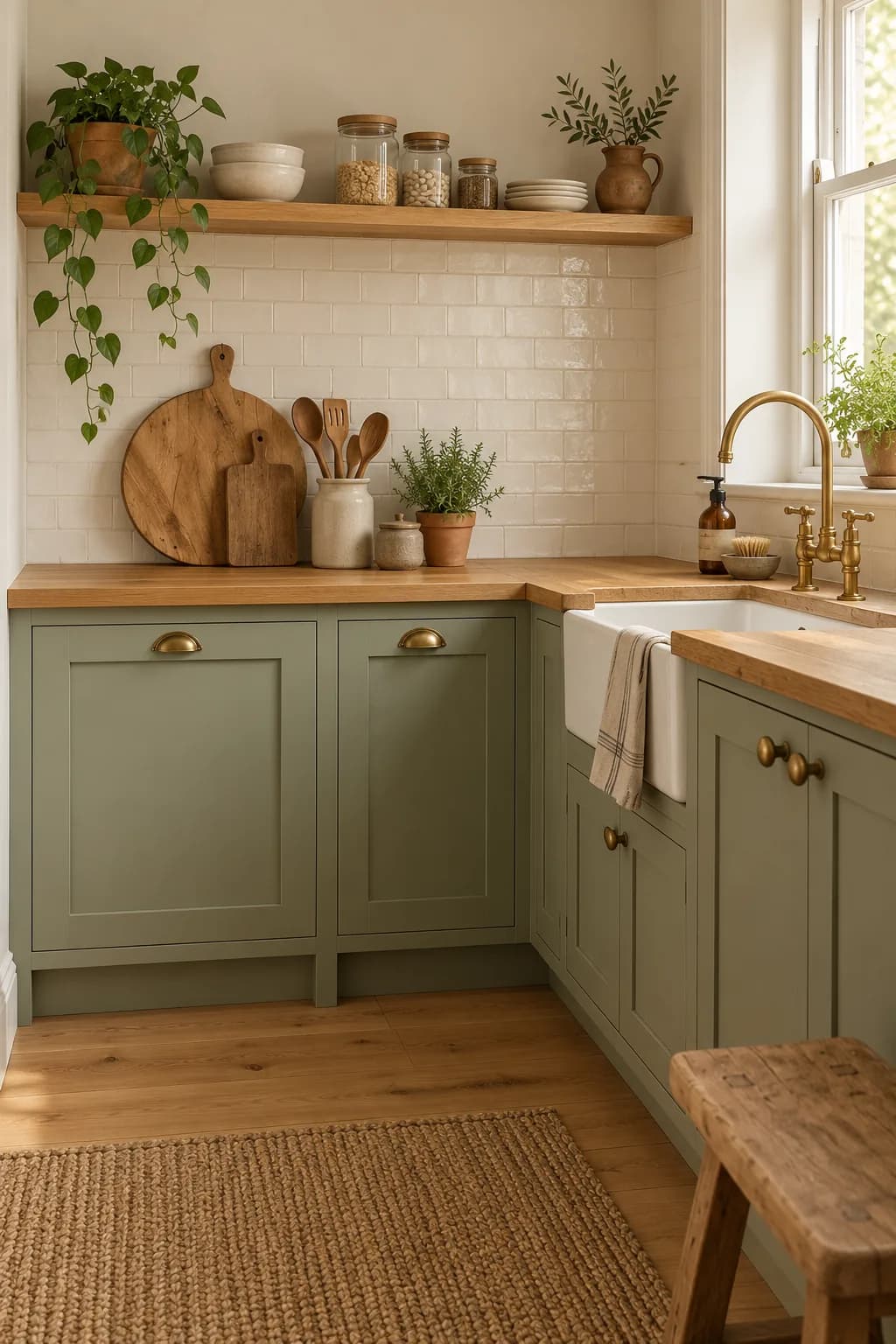 Sage green cabinets with an oiled oak butcher block counter, a white ceramic sink, a brass tap, a cream tiled wall and a wooden shelf with jars, cottage-style kitchen corner